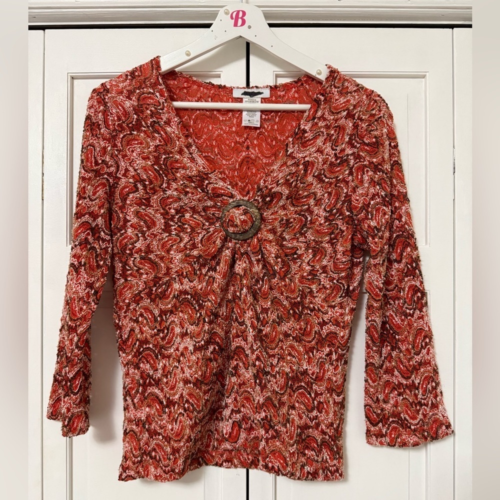 Y2K Dressbarn Babydoll Hippie Festival Deep V-Neck Knit Sheer Blouse Small